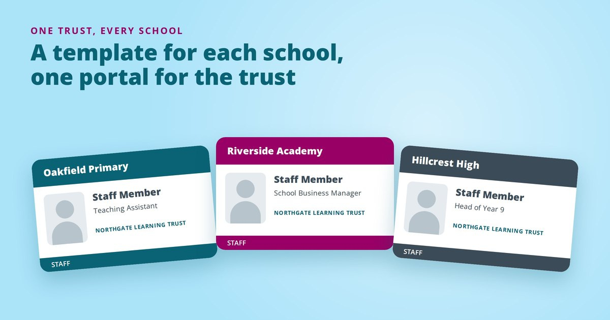 Three staff ID cards, one for each school in a trust, each with its own school colours